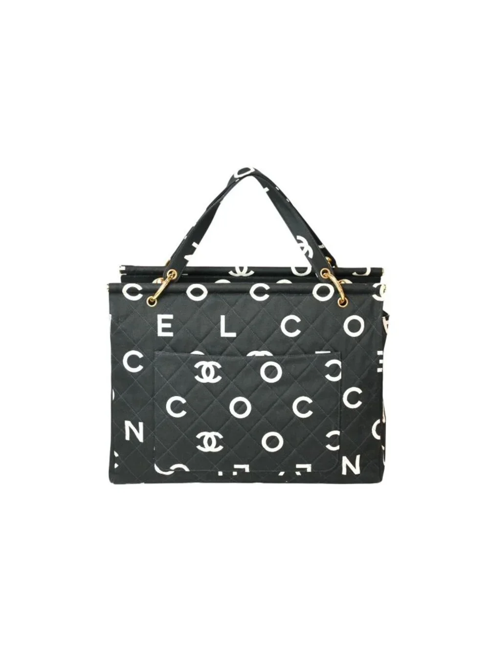 Chanel Handbag Quilted Black White Cotton Canvas Gold